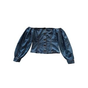 Missguided Denim Off Shoulder Corset Blouse Puff Sleeve Button Front US 6 Y2K
